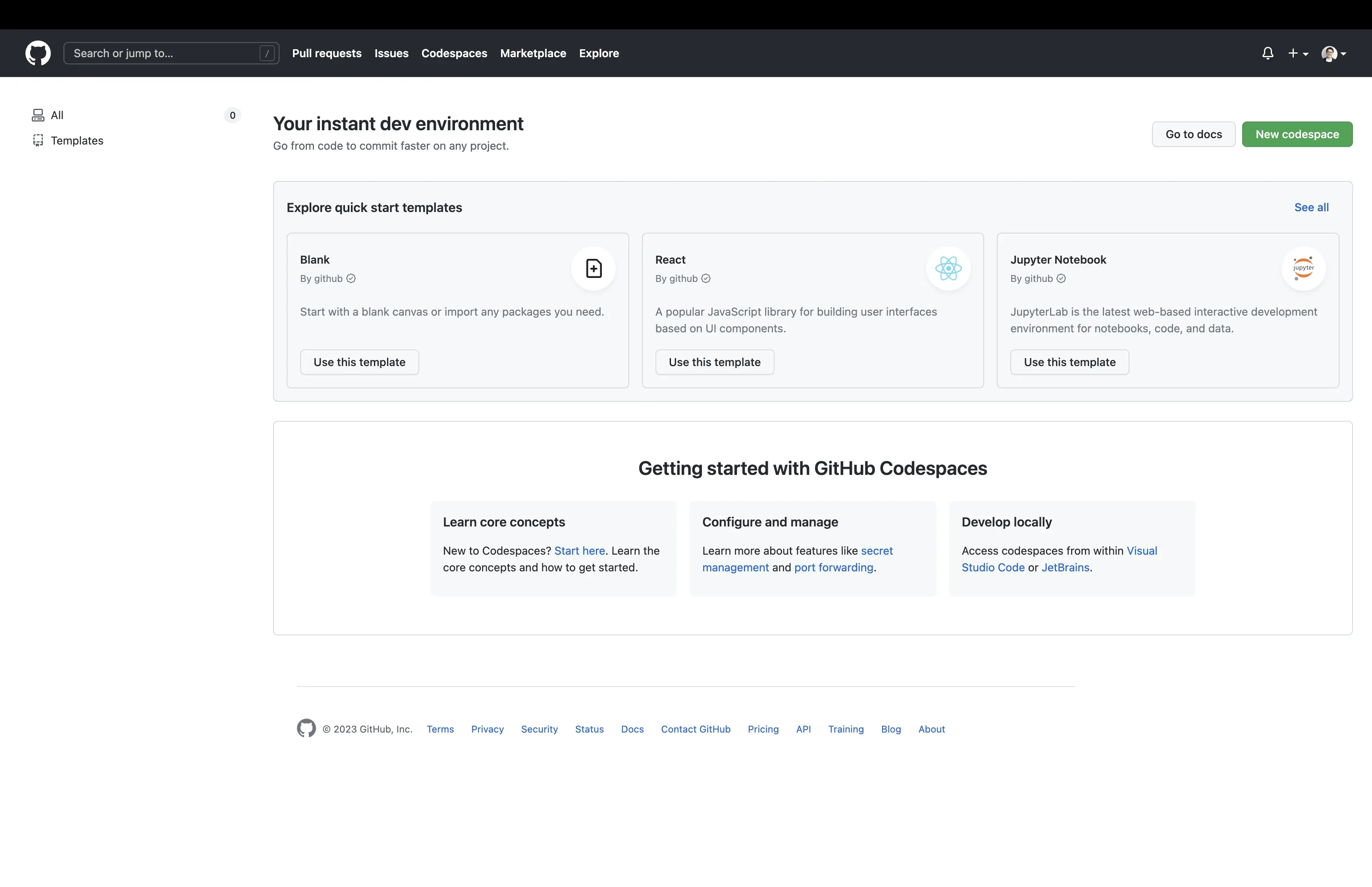 Codespacesのトップページ