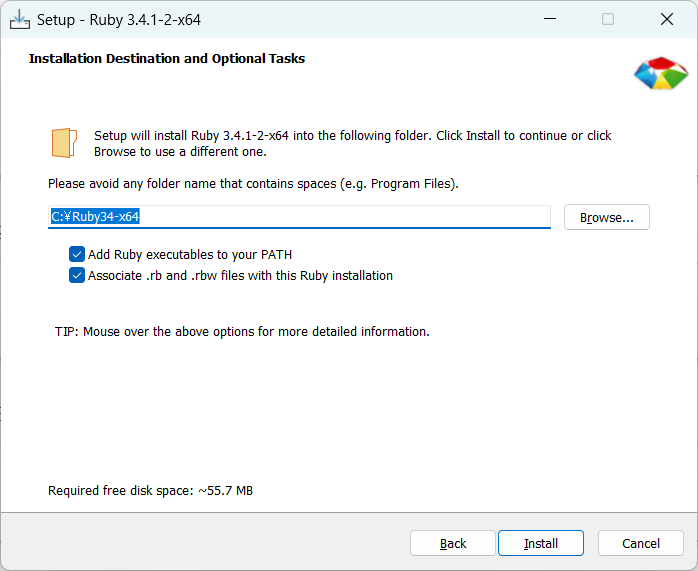 rubyinstaller install options RubyInstaller Install options